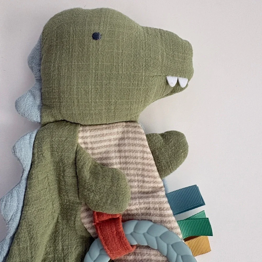 Itzy Ritzy Dino Muslin Lovey‎ Security Blanket with Silicone Teether Green Blue